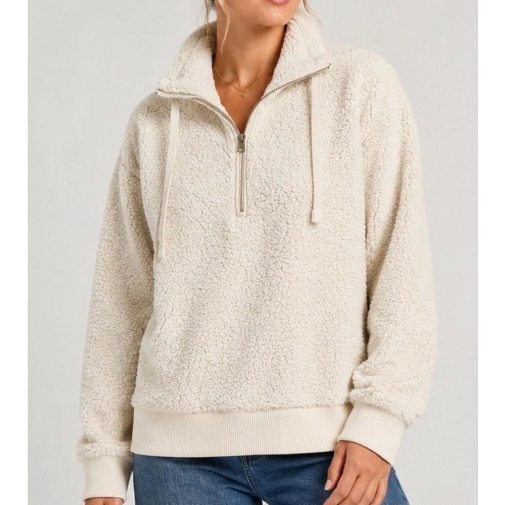 Athleta Talus Sherpa Fleece Pullover Women M Ivory Quarter Zip Pockets Soft Cozy